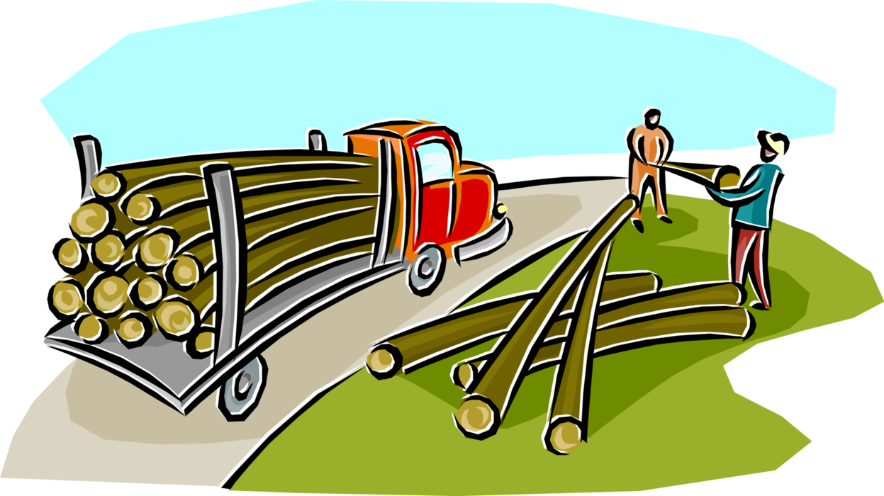 Vector Illustration of Forestry Industry Lumber Being Loaded onto Transport Truck for Shipping