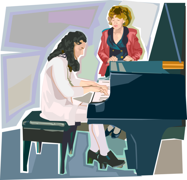 Vector Illustration of Music Lesson with Teacher and Student Seated at Grand Piano Keyboard