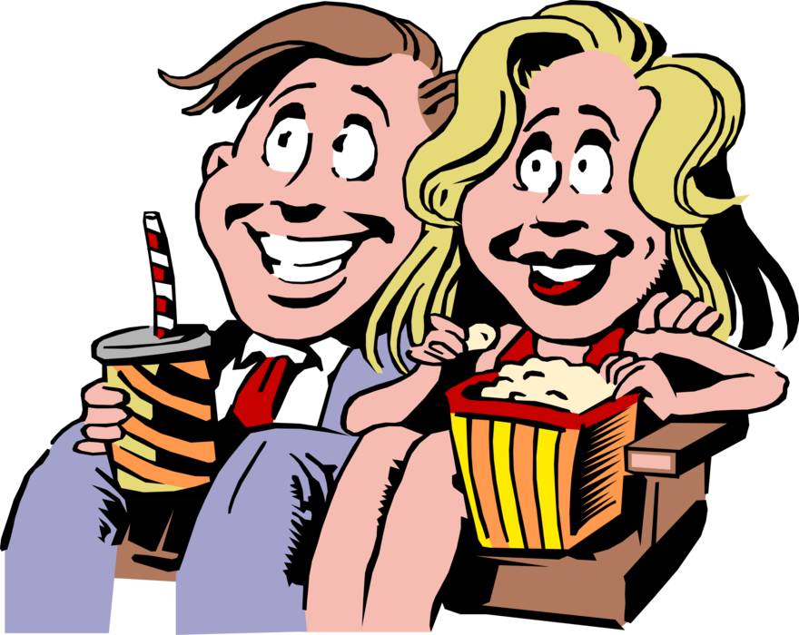 Vector Illustration of Blind Date Male and Female Enjoy Theatre or Theater Movie with Popcorn and Refreshment