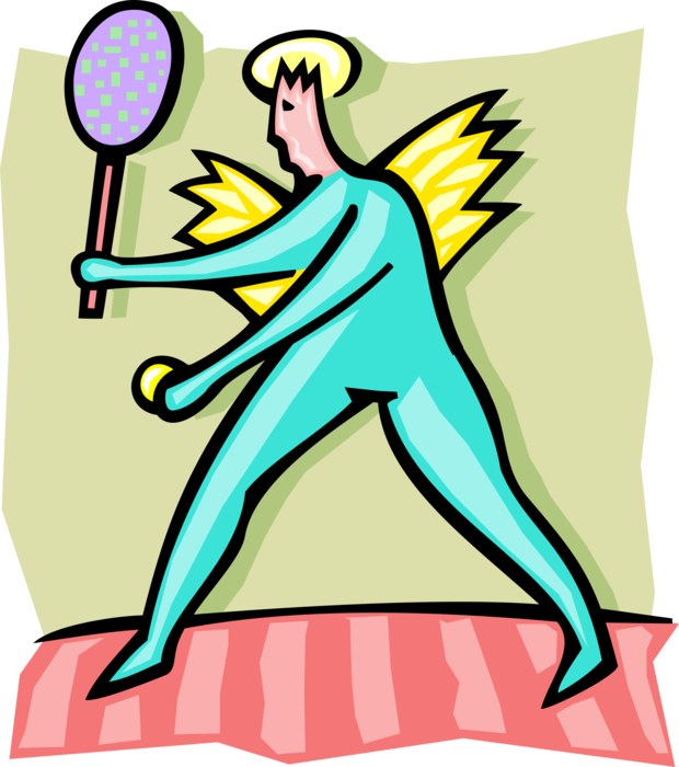 Vector Illustration of Spiritual Angel Tennis Player with Halo Prepares to Serve the Ball with Racket