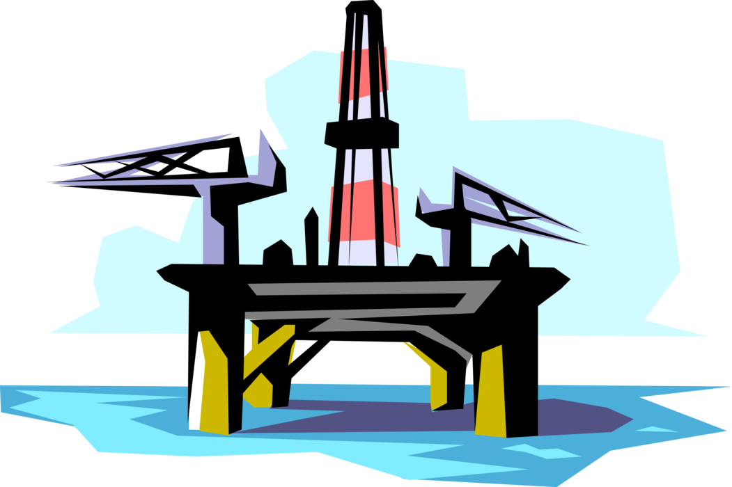 Vector Illustration of Fossil Fuel Petroleum and Gas Industry Oil Drilling Platform at Sea