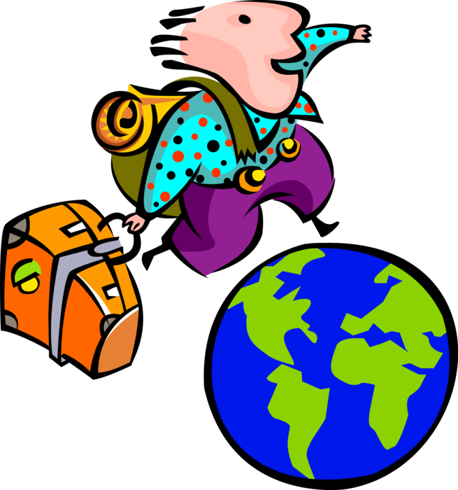 Vector Illustration of Global International Traveler Circles the World Globe with Luggage