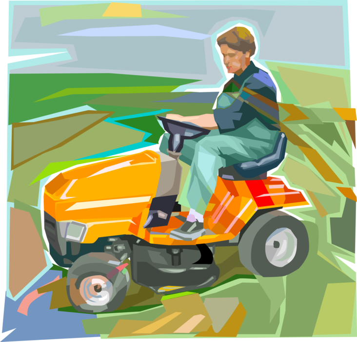 Vector Illustration of Lawn Care Worker Mows the Grass with Riding Lawn Mower
