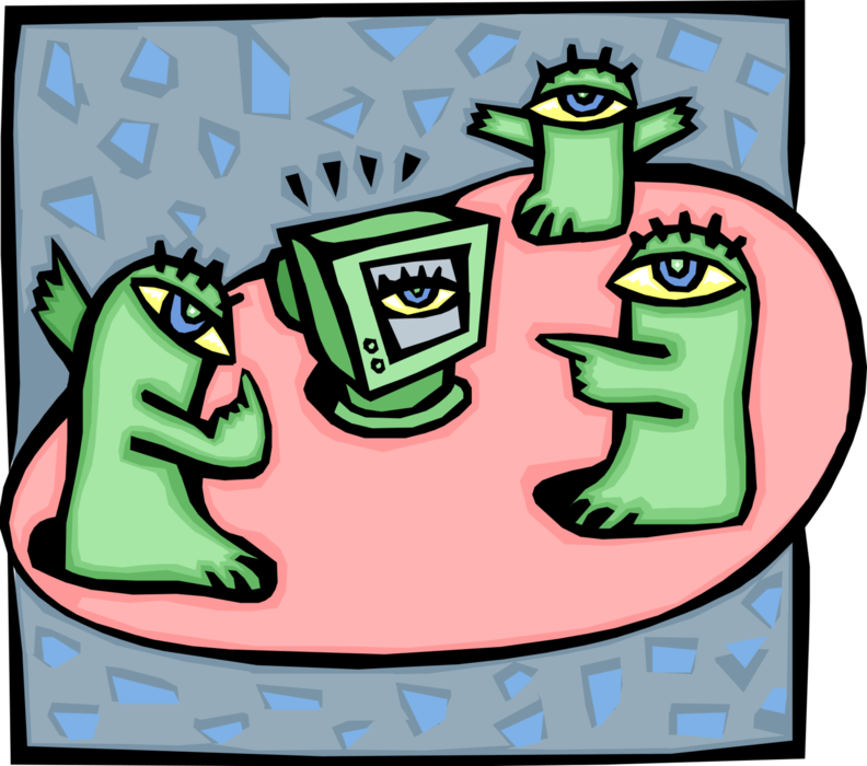 Vector Illustration of Green Alien Caricatures Interacting with Computer