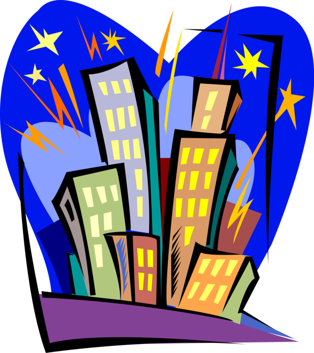 Vector Illustration of Buildings with Firework Celebration