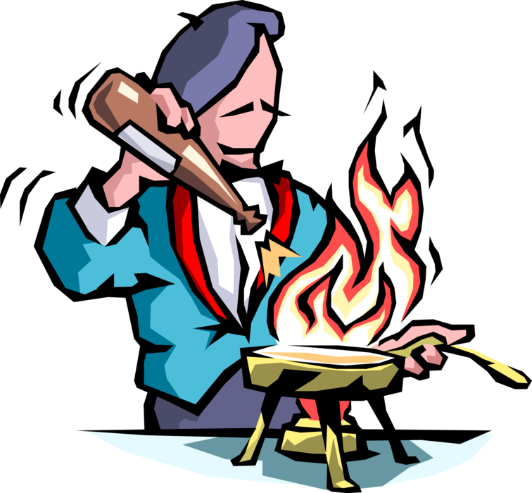 Vector Illustration of French Culinary Cuisine Chef Prepares Flaming Flambé with Liquor