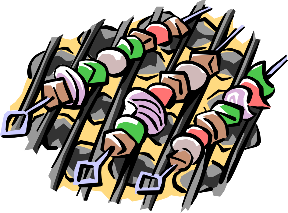 Vector Illustration of Barbecue, Barbeque or BBQ Outdoor Cooking Grill Shish Kabobs Skewers on Hot Grill