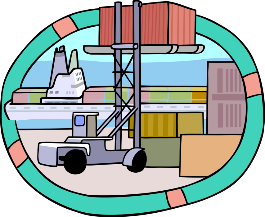 Vector Illustration of Industrial Forklift Loading Containers at Dockyards