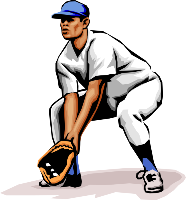 Vector Illustration of American Pastime Sport of Baseball Player Fielding the Ball