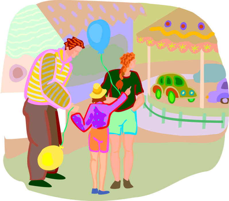 Vector Illustration of Family Visiting Amusement Park with Child