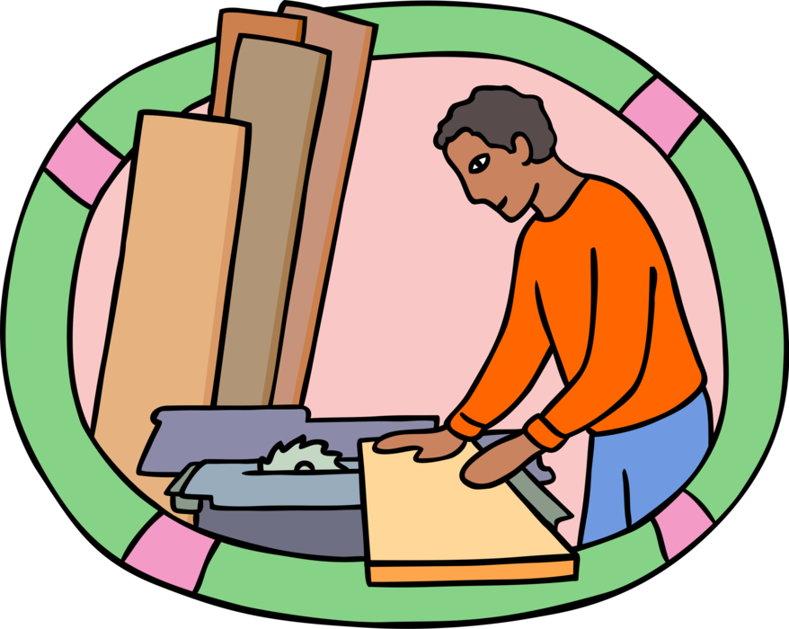 Vector Illustration of Handyman Home Renovation Carpenter Working with Wood on Table Saw