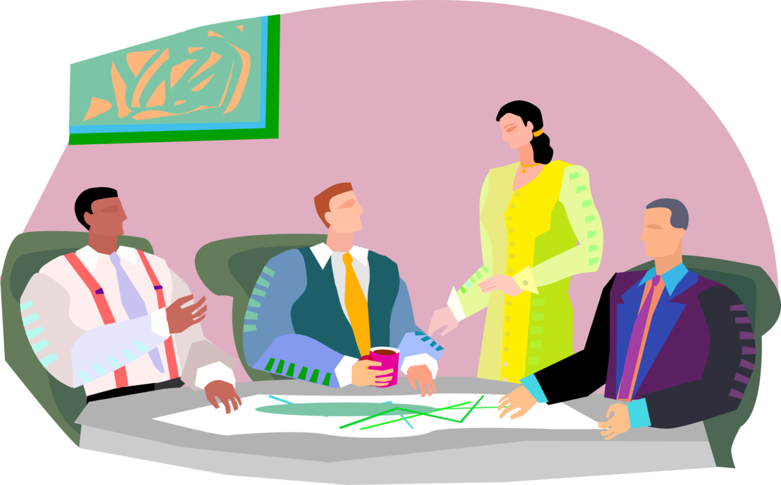 Vector Illustration of Business Meeting with Associates Discussing Plans and Exchanging Ideas