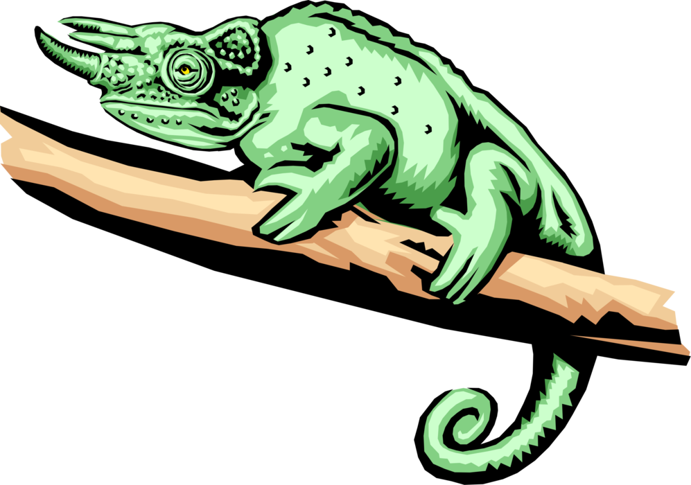 Vector Illustration of Green Horned Lizard Climbs Tree Branch