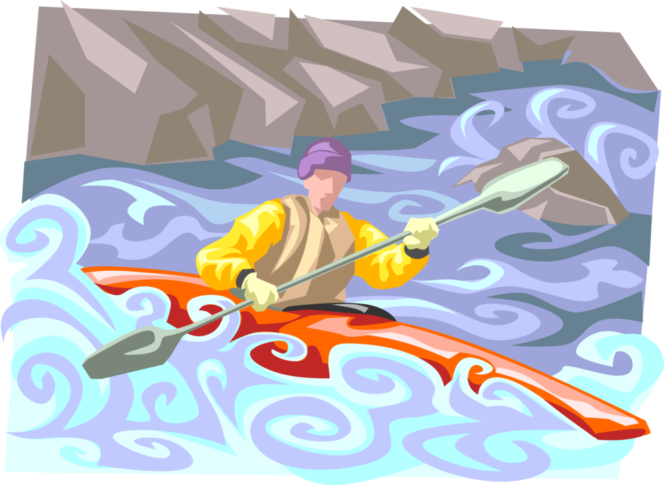 Vector Illustration of Whitewater Kayaker Kayaking with Kayak in Raging River