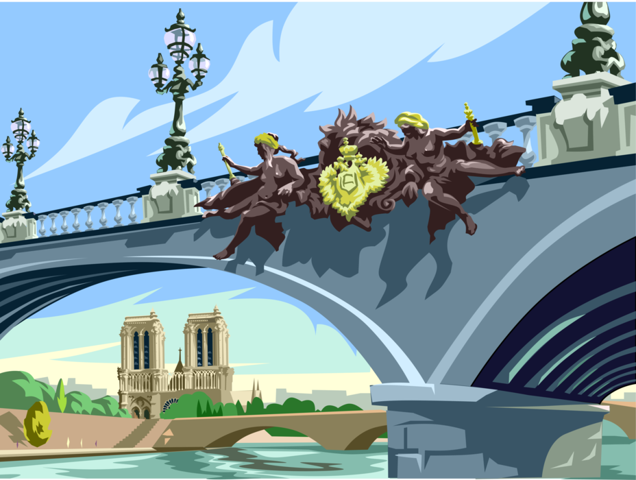Vector Illustration of Parisian Bridge with Notre-Dame Christian Church Cathedral, Paris, France