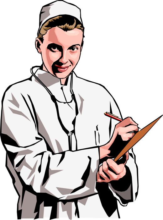 Vector Illustration of Physician Doctor with Clipboard Portable Writing Surface and Stethoscope Updates Patient's Medical Record