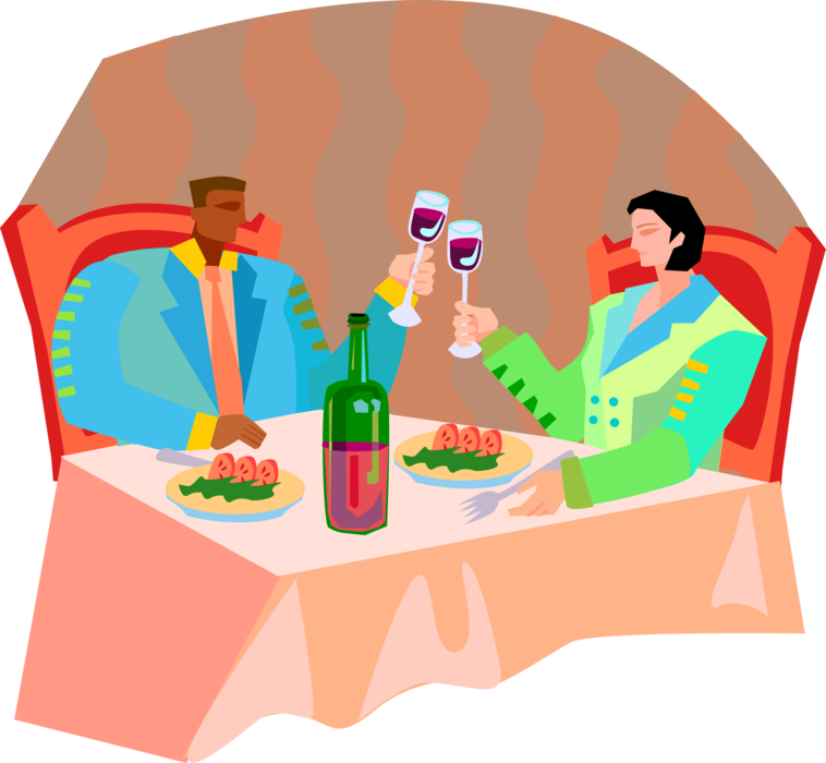 Vector Illustration of Romantic Restaurant Dinner for Two with Wine Glasses Toasting