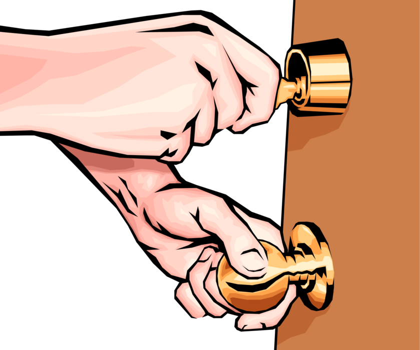 Vector Illustration of Hand Turns Key in Security Padlock Lock and Opens Door