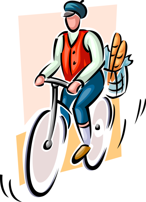 Vector Illustration of French Bon Vivant Rides Bike with Baked Baguette Bread Groceries in Basket