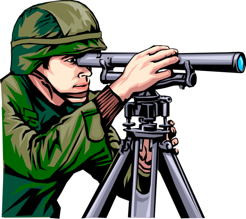 Vector Illustration of Military Soldier Looks Through Scope to View Enemy Position