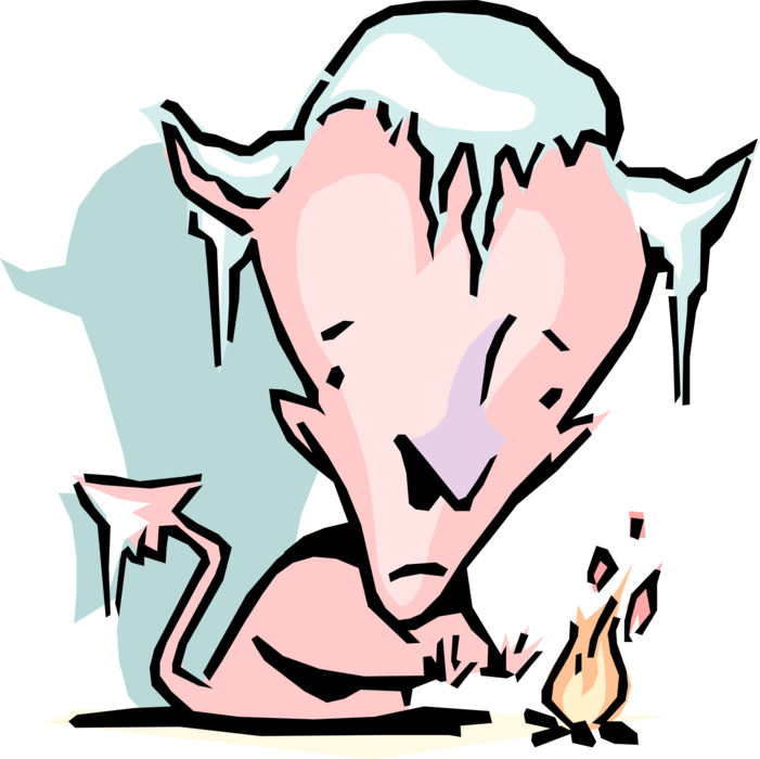 Vector Illustration of Freezing Cold Devil with Icicles Warming Hands by Fire