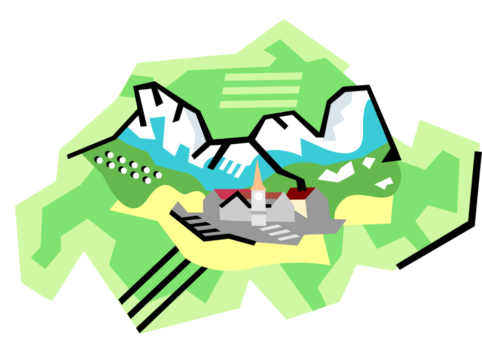 Vector Illustration of Swiss Alps Mountains and Town in Switzerland