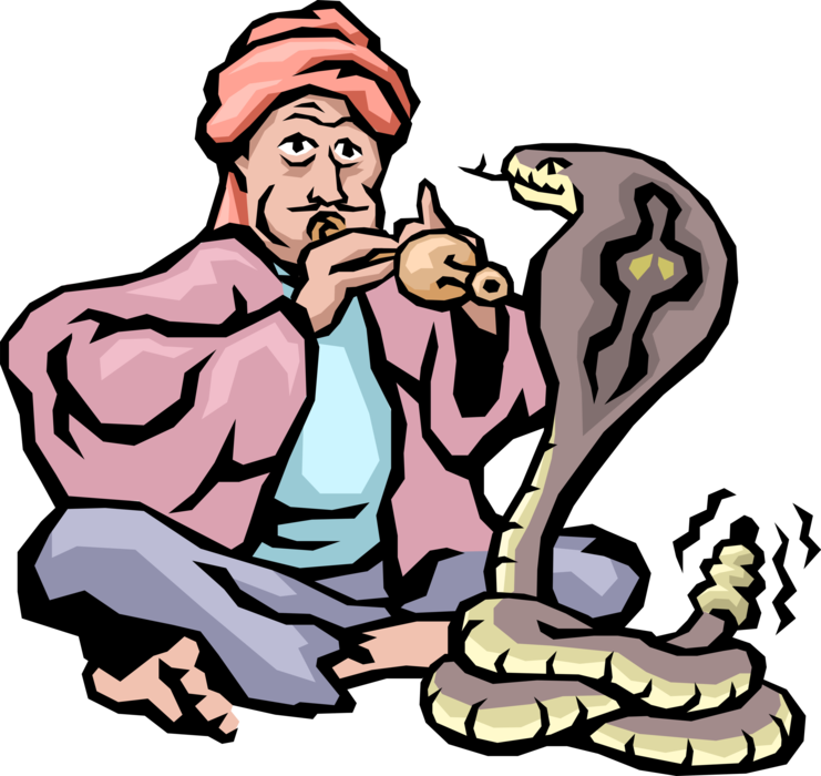 Vector Illustration of Snake Charmer Hypnotizes Cobra Snake With Pungi or Bansuri Instrument