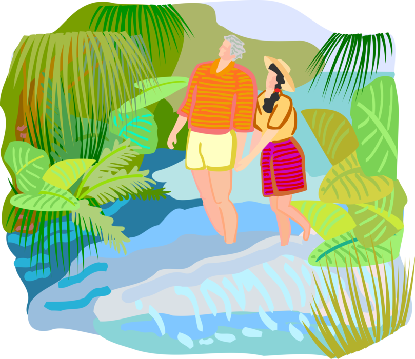 Vector Illustration of Vacation Couple Walking Through Tropical Foliage Plants