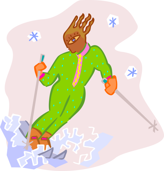 Vector Illustration of Downhill Alpine Skier Slalom Skiing Down Hill on Skis