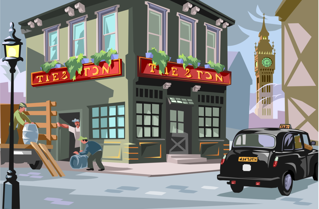 Vector Illustration of Pub Drinking Establishment with Taxi and Big Ben Clock Tower, London, England