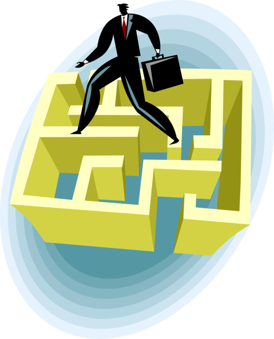Vector Illustration of Businessman Faces Maze Labyrinth with Walls and Passageways