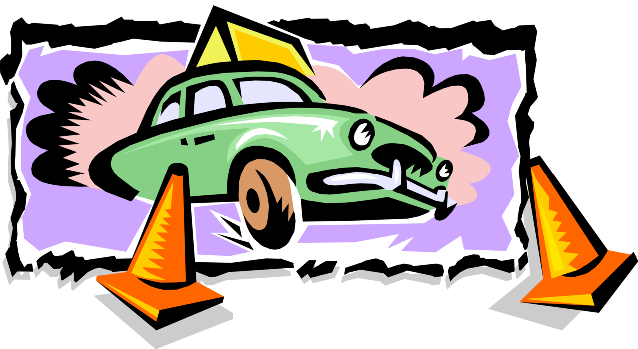 Vector Illustration of Driver's Ed Driving School Automobile Car with Traffic Pylon Cones
