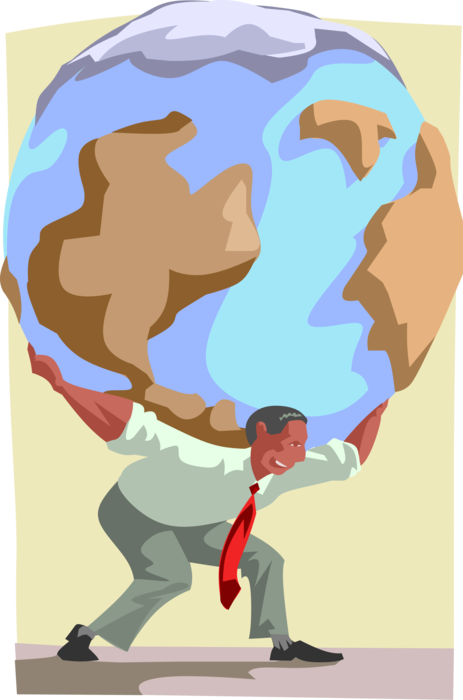Vector Illustration of Burden of World Carried on the Shoulders of Atlas Businessman