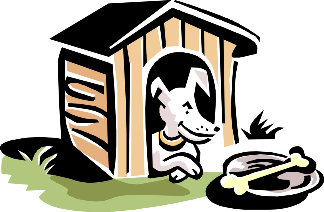 Vector Illustration of Dog Sitting in Doghouse with Bowl and Bone