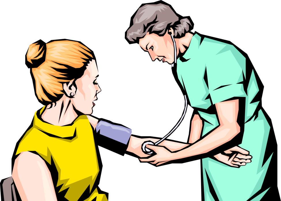 Vector Illustration of Doctor Tests Blood Pressure Using Gauge Aneroid Sphygmomanometer with Cuff