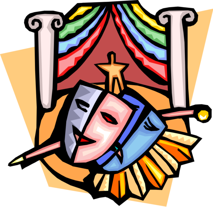 Vector Illustration of Theatre or Theater Theatrical Comedy or Drama Masks Melpomene and Thalia and Stage