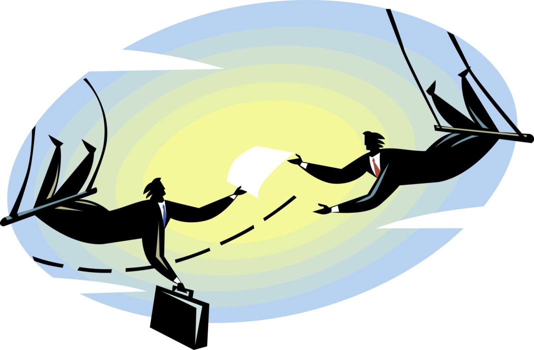 Vector Illustration of Businessmen Circus Acrobats Exchange Information on Trapeze Swings