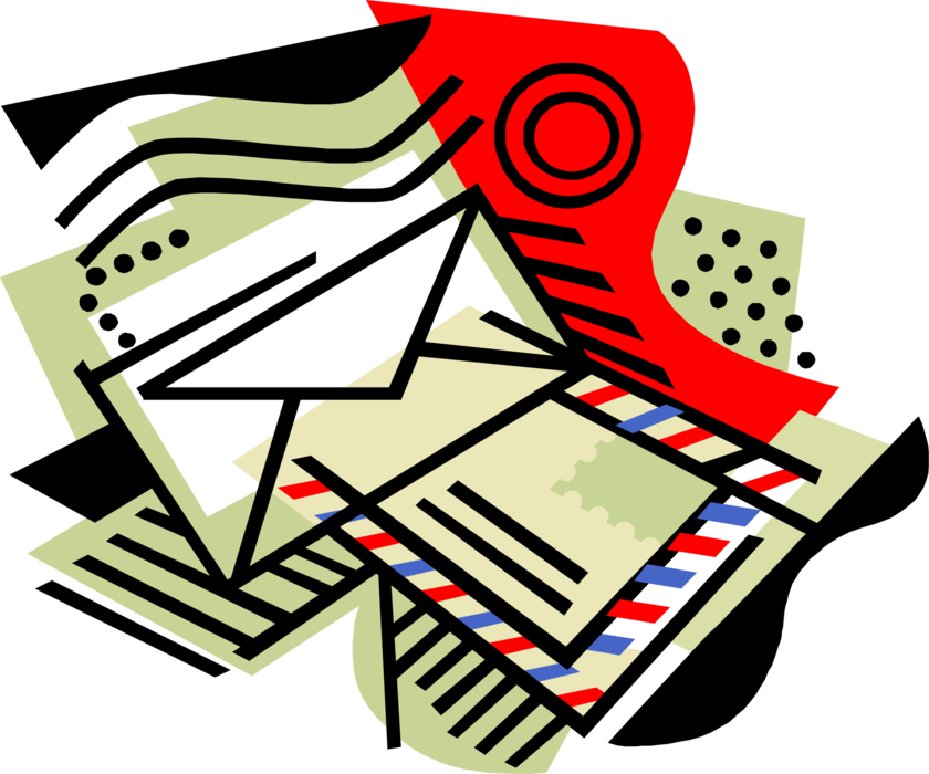 Vector Illustration of Post Office Mail or Postal Airmail Envelope, Letters, Postcards, and Parcels