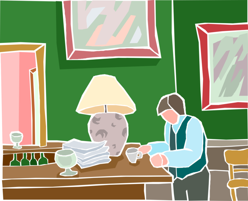 Vector Illustration of Patron at Bar with Cup of Coffee