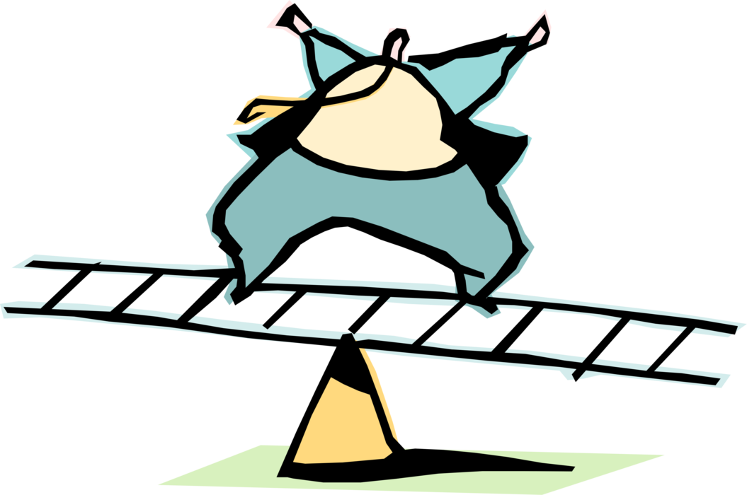 Vector Illustration of Businessman Balances on Teeter Totter Ladder for Climbing and Reaching 