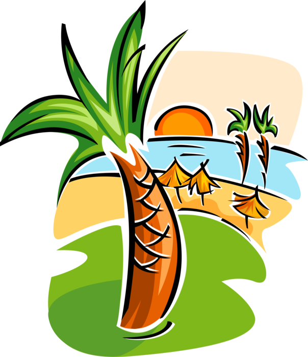 Vector Illustration of Caribbean Vacation with Palm Trees and Tiki Cabanas on Beach at Sunset