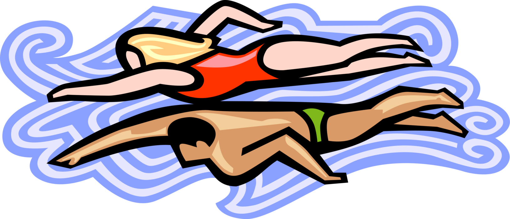 Vector Illustration of Swimming Couple Swim Together in Ocean