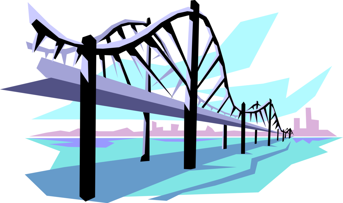 Vector Illustration of Suspension Bridge Crosses Open Water