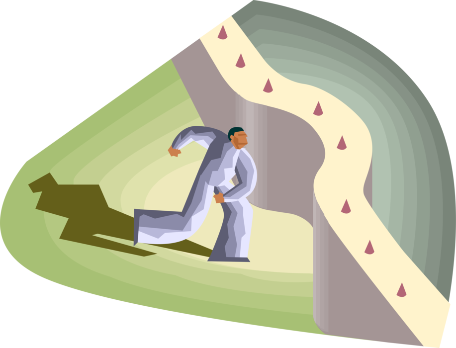 Vector Illustration of Businessman Attempting to Overcome Wall Obstacle