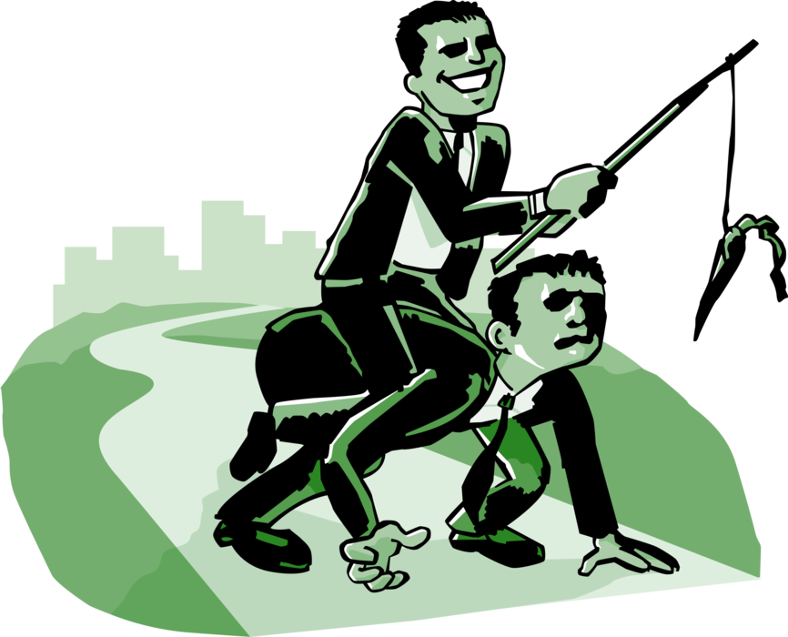 Vector Illustration of Businessman Dangles Incentive Carrot While Riding on the Back of Associate