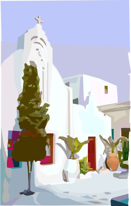 Vector Illustration of Greek Tourism in Cyclades Island of Santorini in Aegean Sea Orthodox Christian Church