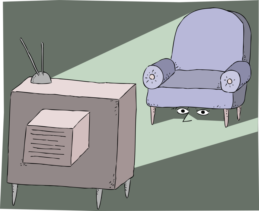 Vector Illustration of Home Television TV Scary Movie with Scared Viewer Hiding Under Chair