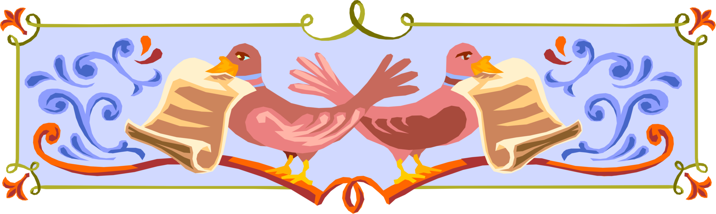 Vector Illustration of Pigeon Animals with Scroll Containing Writings Border