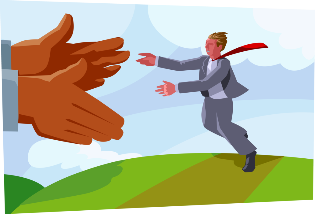 Vector Illustration of Businessman Reaches for Open Hands Offering Assistance