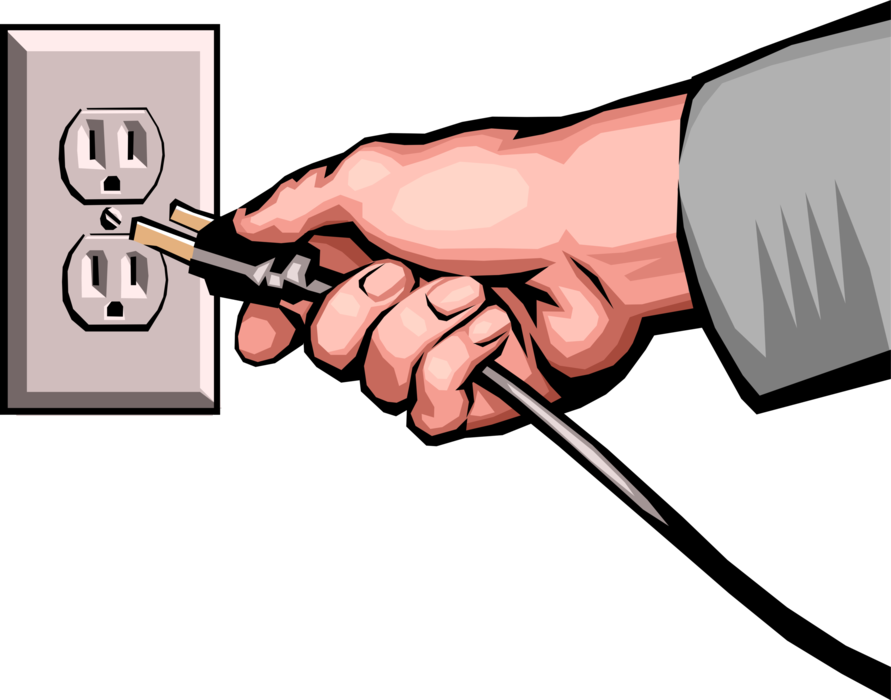 Vector Illustration of Hand Plugs in Electrical Cord Plug in Electricity Outlet